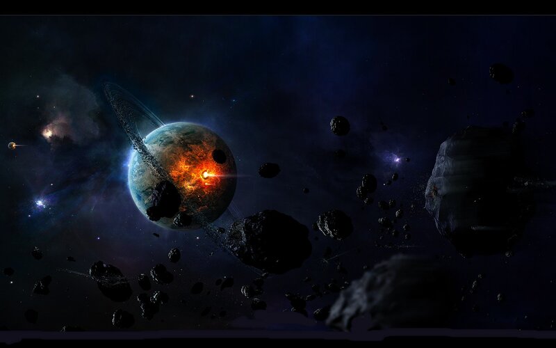 Planet with Asteroid Field — Blue, Dramatic, Night, Digital Art, Asteroids, Stars