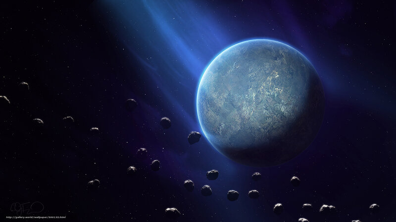 Planet with Asteroid Field — Blue, Dramatic, Night, Digital Art