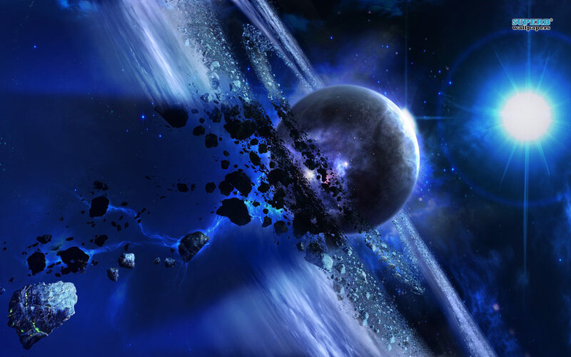 Planet with Asteroid Field — Blue, Dramatic