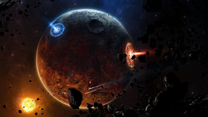 Planet with Asteroid Field — Orange