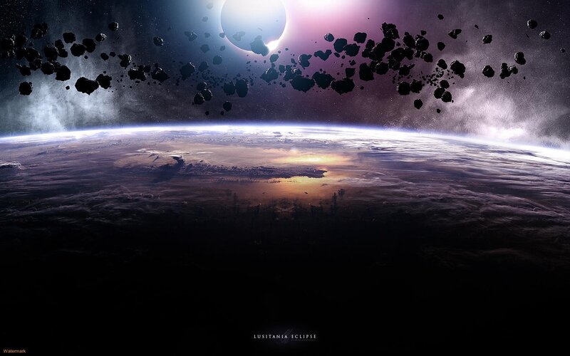 Planet with Asteroid Field — Purple, Dramatic, Night, Digital Art, Asteroids