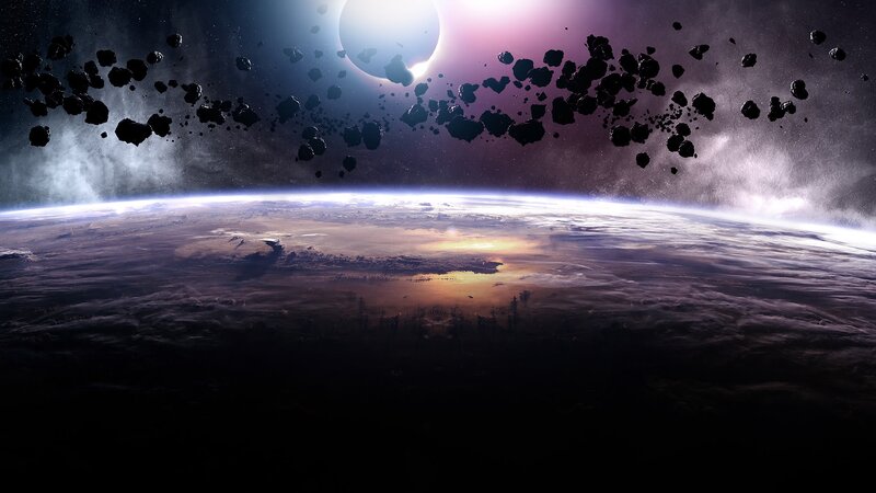 Planet with Asteroid Field — Purple, Dramatic, Night, Digital Art