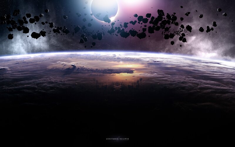 Planet with Asteroid Field — Purple, Dramatic, Night