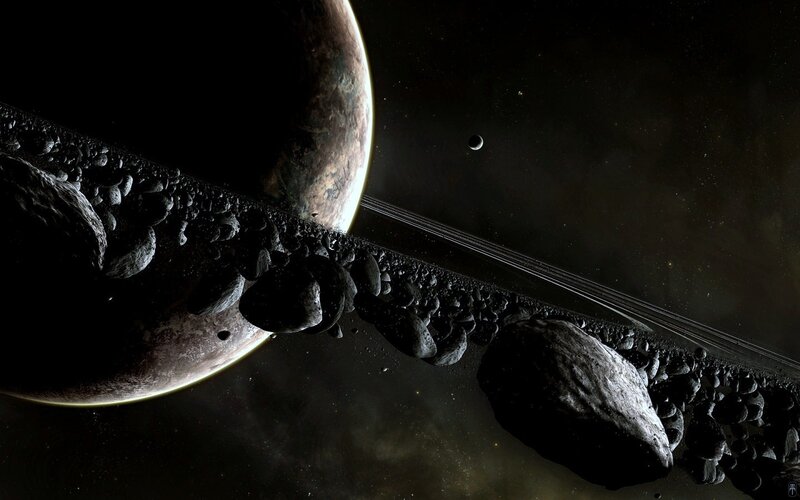 Planet with Asteroid Ring — Black, Dramatic, Night
