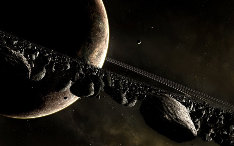 Planet with Asteroid Ring — Black, Dramatic