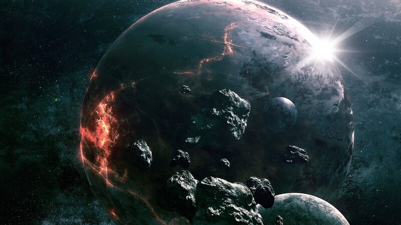Planet with Asteroids — Black, Dramatic, Digital Art, Moon, Star
