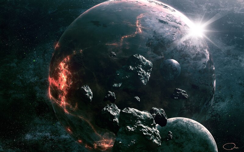 Planet with Asteroids — Black, Dramatic, Digital Art, Moon, Sun