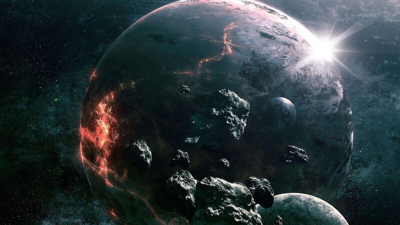 Planet with Asteroids — Black, Dramatic, Digital Art, Moon