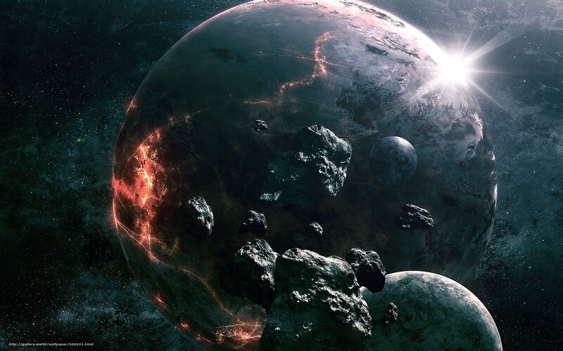 Planet with Asteroids — Black, Dramatic
