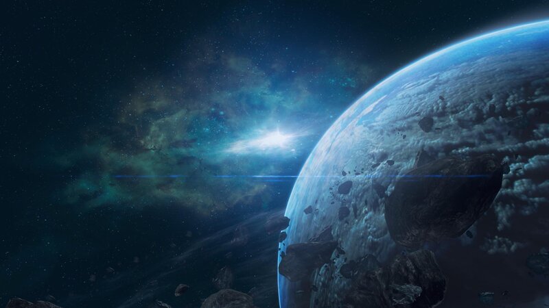 Planet with Asteroids — Blue, Dramatic, Digital Art, Nebula, Sun