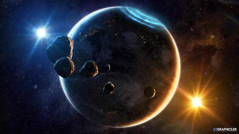 Planet with Asteroids — Blue, Dramatic, Digital Art