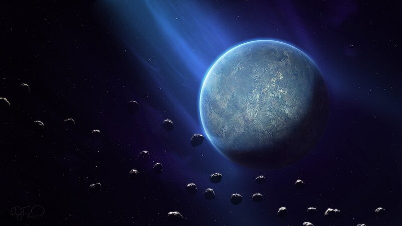 Planet with Asteroids — Blue, Dramatic, Night, Digital Art