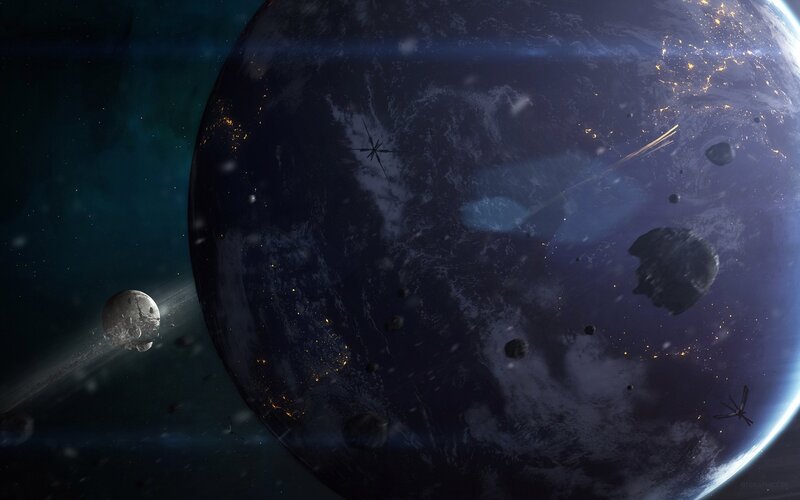 Planet with Asteroids — Blue, Dramatic, Night