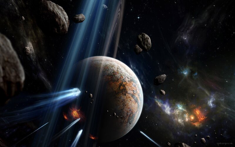 Planet with Asteroids — Blue, Dramatic