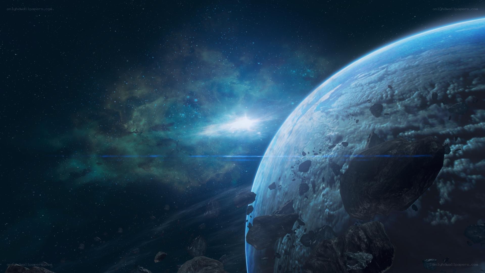 Planet with asteroids in space