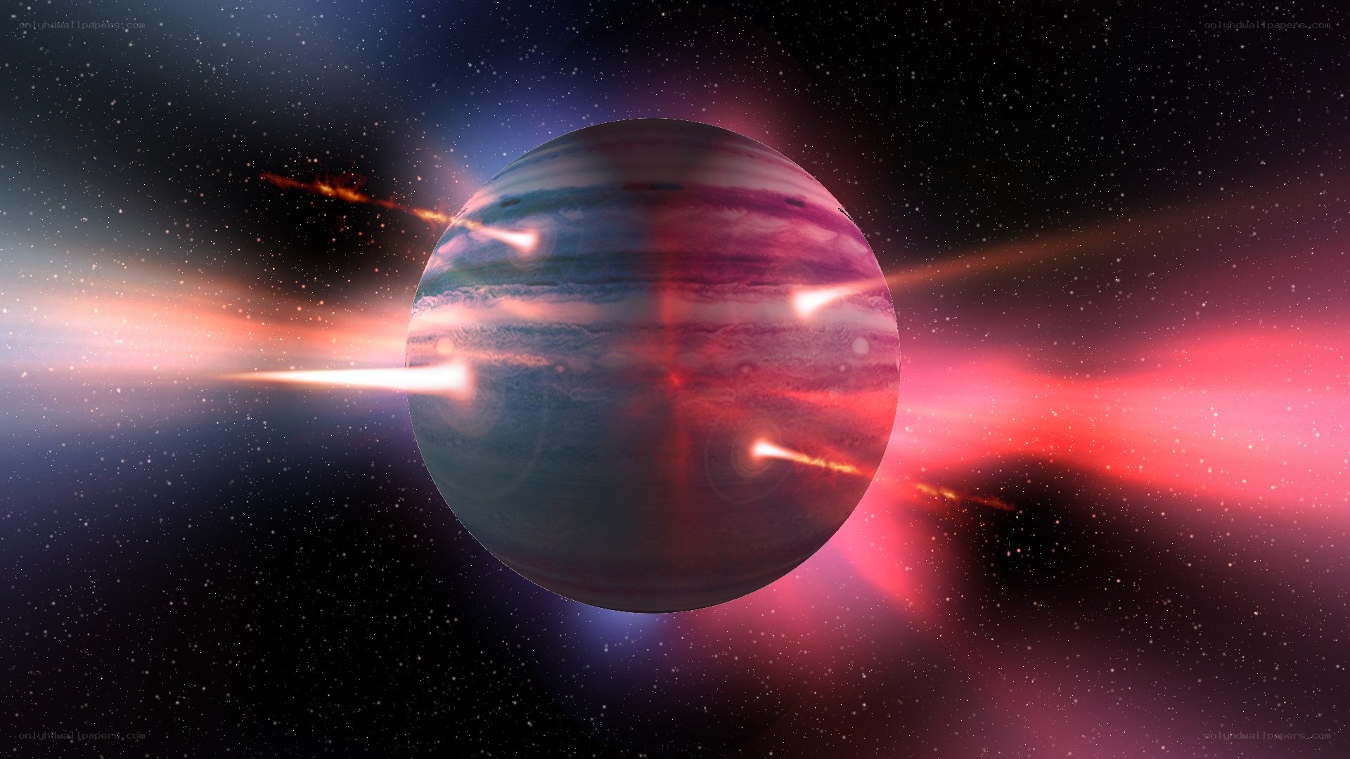 planet with aurora and meteors