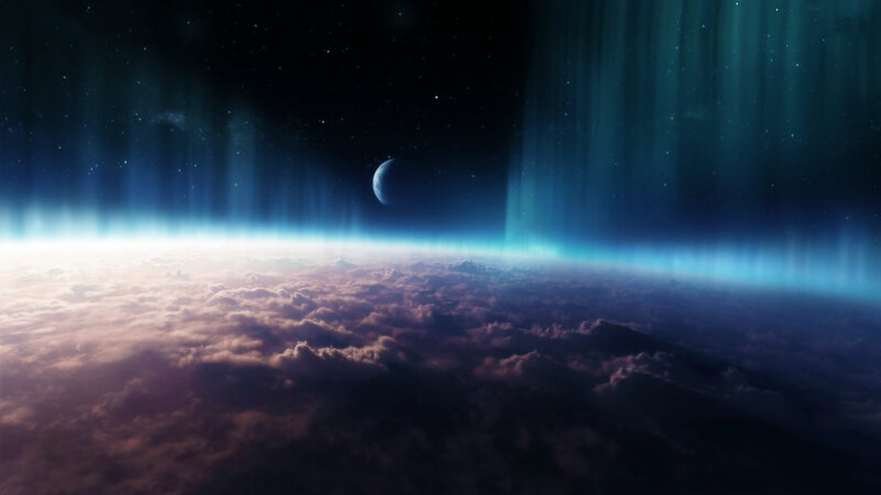 Planet with Aurora and Moon — Blue, Dramatic