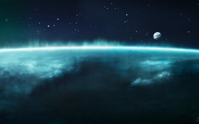 Planet with Aurora and Moon — Blue, Serene, Night, Digital Art, Stars, Clouds