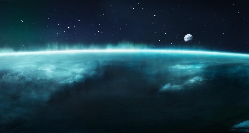 Planet with Aurora and Moon — Blue, Serene, Night, Digital Art