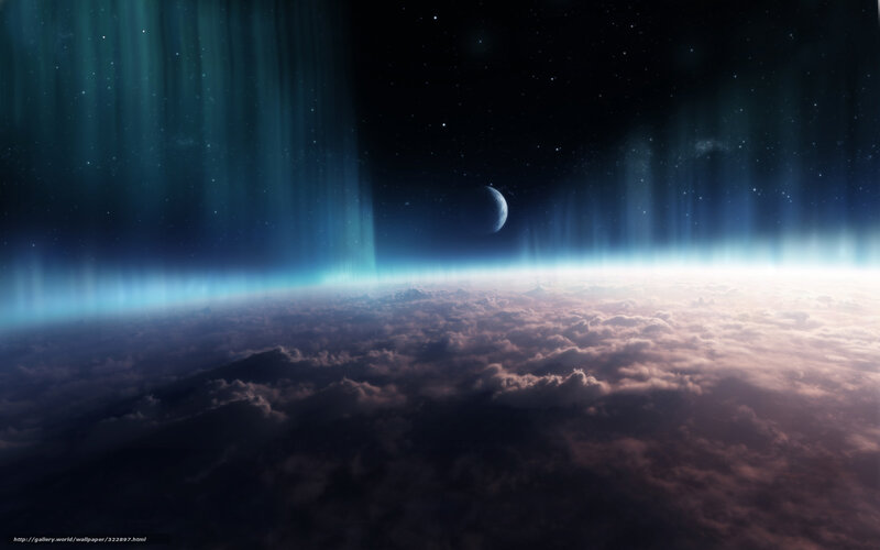 Planet with Aurora and Moon — Blue, Serene, Night