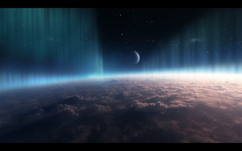 Planet with Aurora and Moon — Blue, Serene