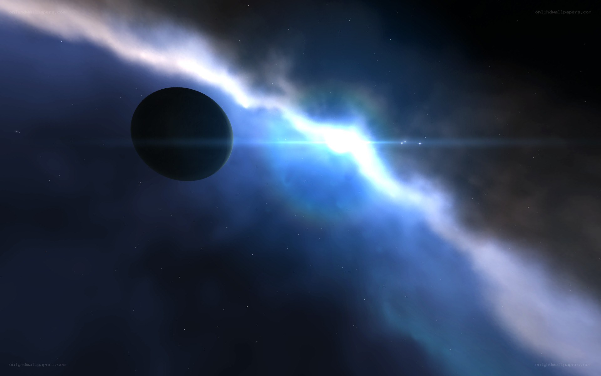 Planet with blue energy beam