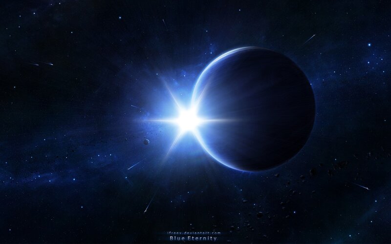 Planet with Bright Star — Blue, Dramatic, Night, Digital Art, Asteroids