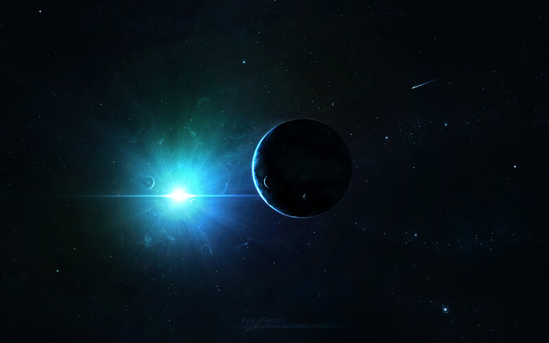 Planet with Bright Star — Blue, Dramatic, Night, Digital Art