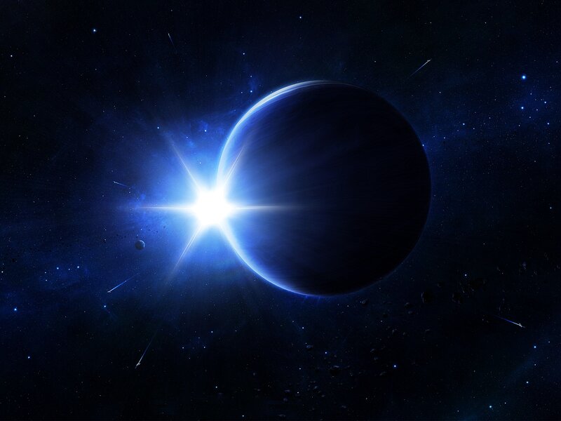 Planet with Bright Star — Blue, Dramatic, Night