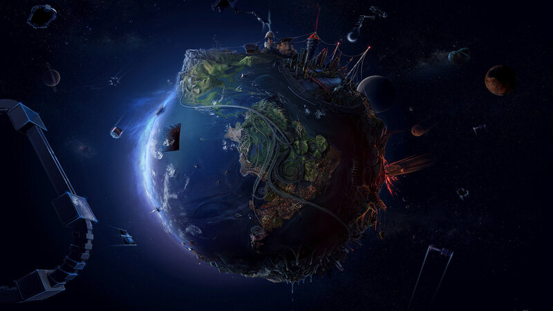 Planet with City Structures — Blue, Dramatic, Night