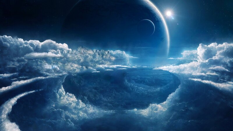 Planet with Clouds and Moon