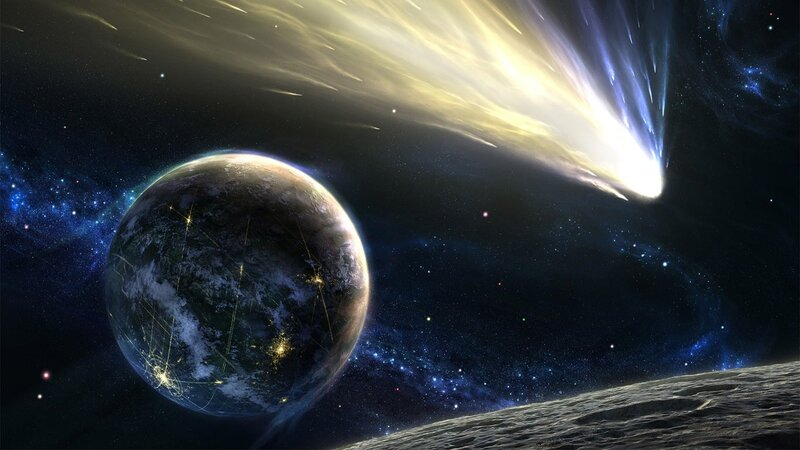 Planet with Comet — Blue, Dramatic, Night, Digital Art, Stars