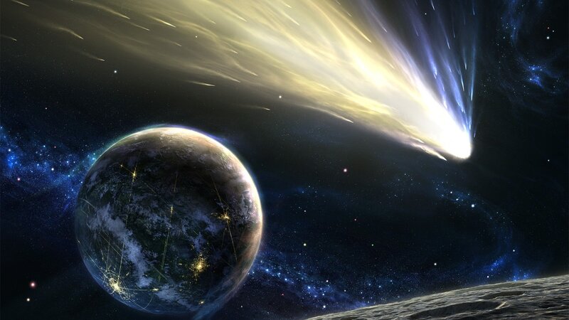 Planet with Comet — Blue, Dramatic, Night