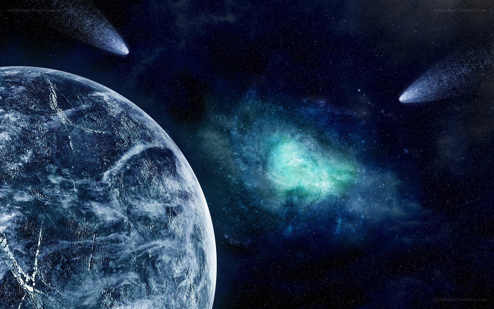Planet with comets in space