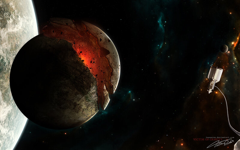 Planet with Cracked Surface — Black, Dramatic, Night, Digital Art