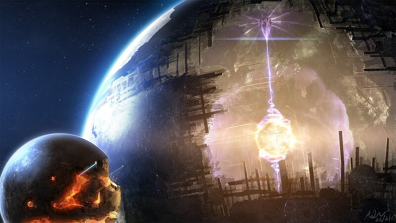 Planet with Energy Beam — Blue, Dramatic