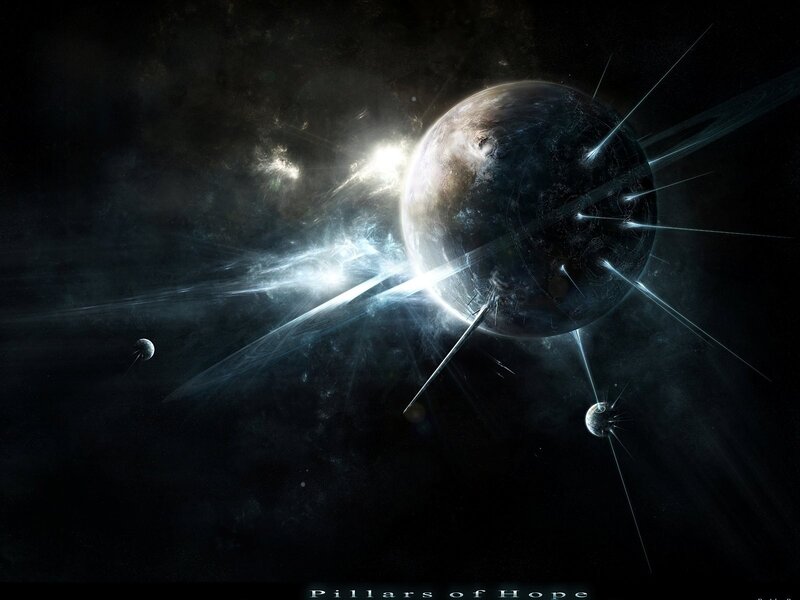 Planet with Energy Beams — Black, Dramatic, Night