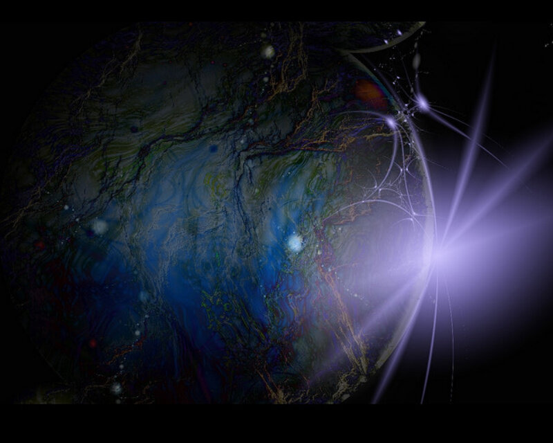 Planet with Energy Beams — Blue, Dramatic, Digital Art, Energy Beams