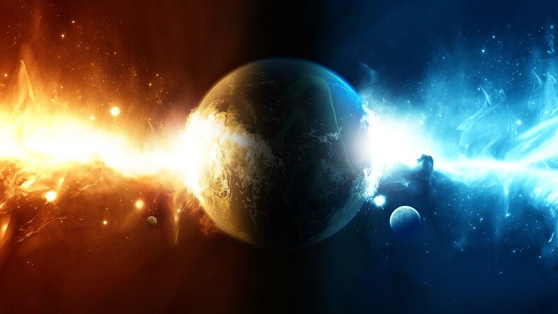 Planet with Energy Beams — Blue, Dramatic, Digital Art, Stars, Planets