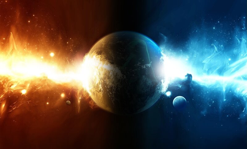 Planet with Energy Beams — Blue, Dramatic