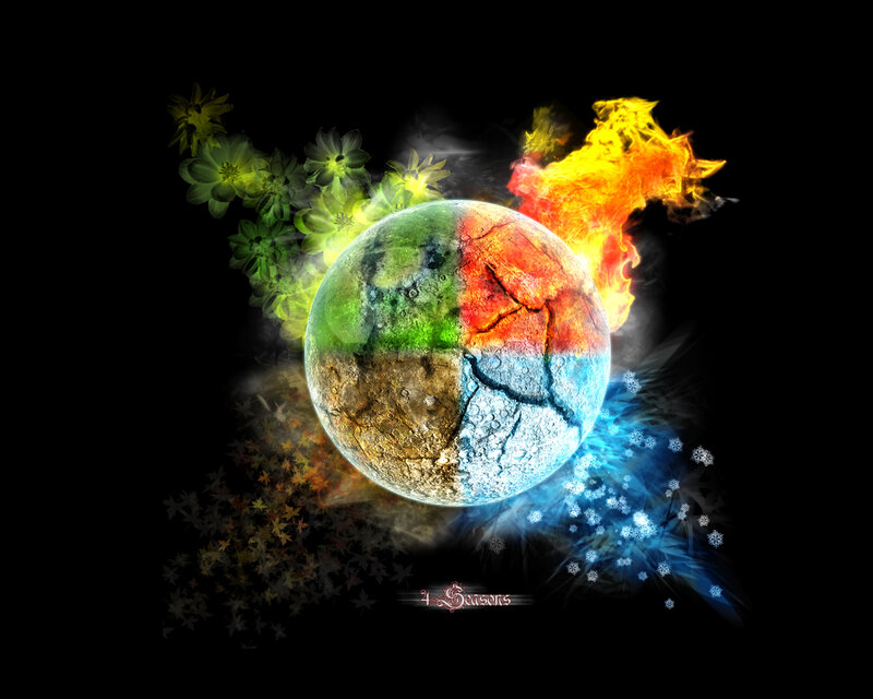 Planet with Four Seasons — Black, Dramatic, Digital Art, Fire, Flowers
