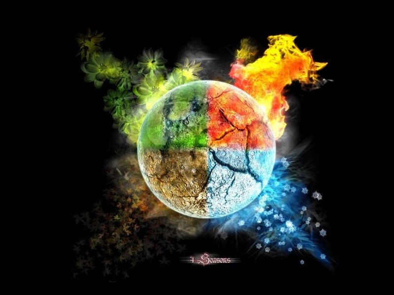 Planet with Four Seasons — Black, Dramatic, Digital Art, Fire, Snowflakes, Flowers, Cracks, Green