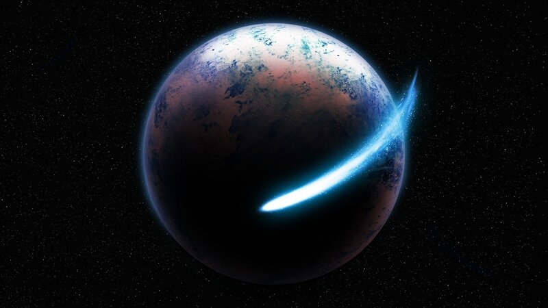 Planet with glowing comet trail