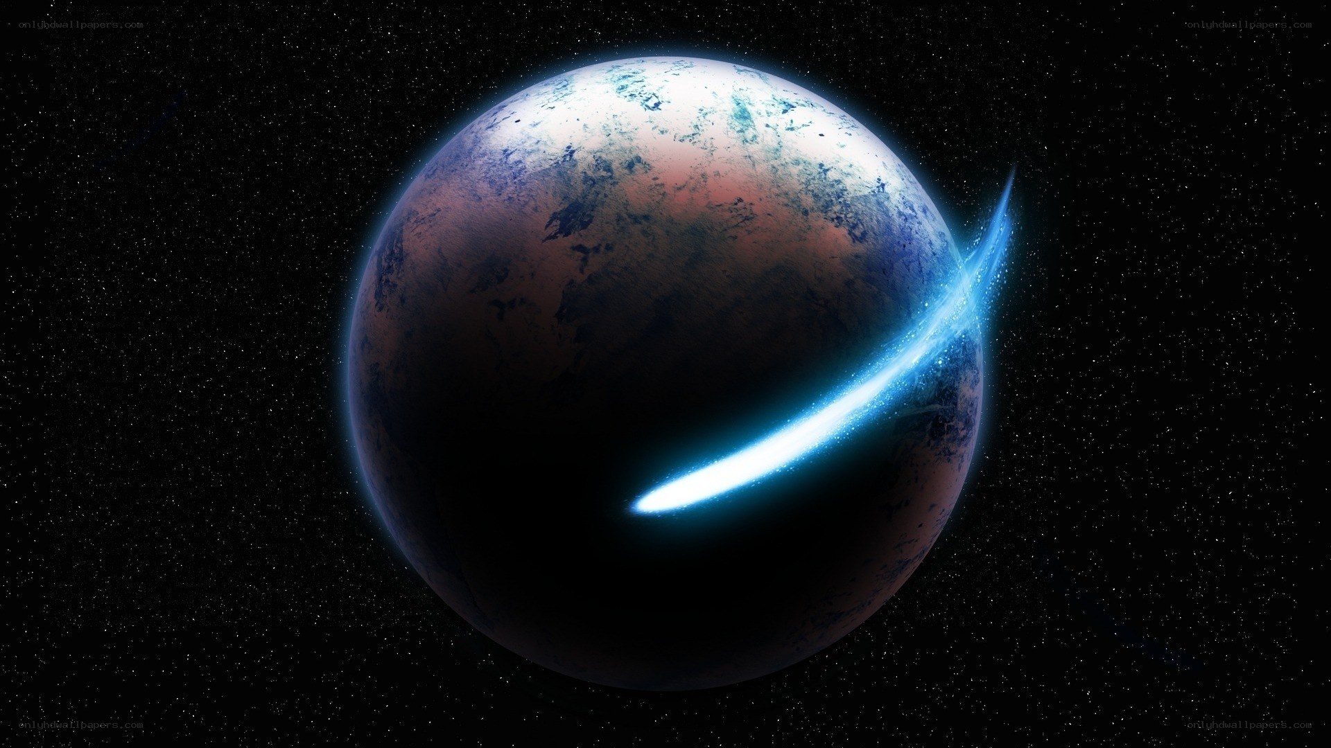 Planet with glowing comet trail