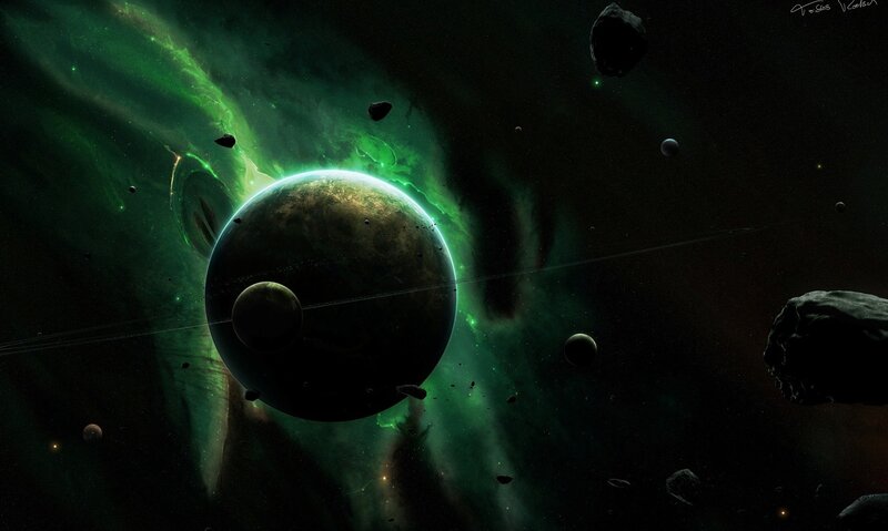 Planet with Green Nebula — Dramatic, Night, Digital Art, Asteroids, Moon, Black