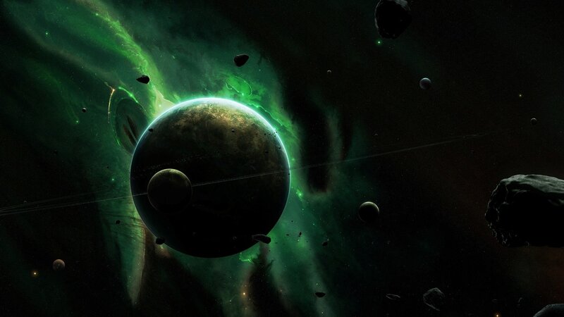 Planet with Green Nebula — Dramatic, Night, Digital Art, Asteroids, Space, Black
