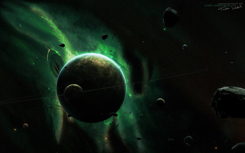 Planet with Green Nebula — Dramatic, Night, Digital Art, Asteroids