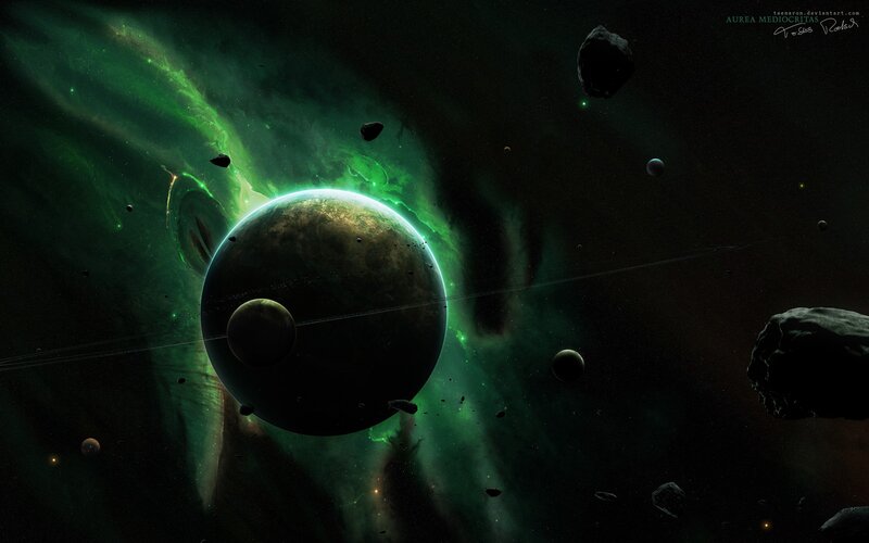 Planet with Green Nebula — Dramatic, Night, Digital Art