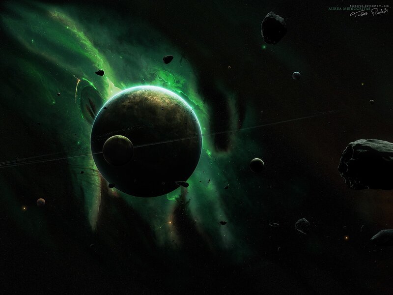 Planet with Green Nebula — Dramatic, Night