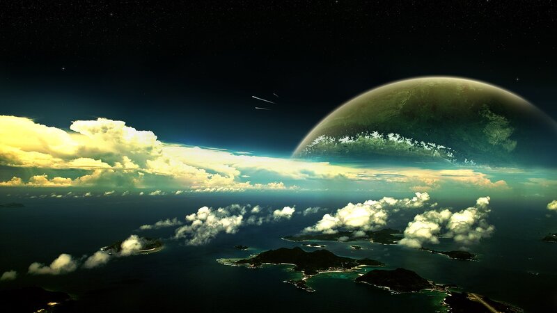 Planet with Islands — Blue, Dramatic, Digital Art, Clouds